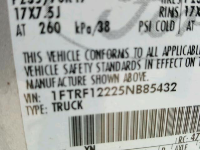 1FTRF12225NB85432 - 2005 FORD F150 GRAY photo 10