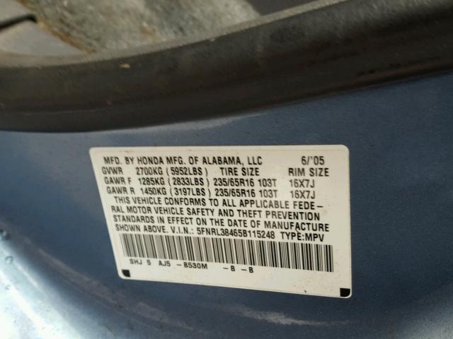 5FNRL38465B115248 - 2005 HONDA ODYSSEY EX BLUE photo 10