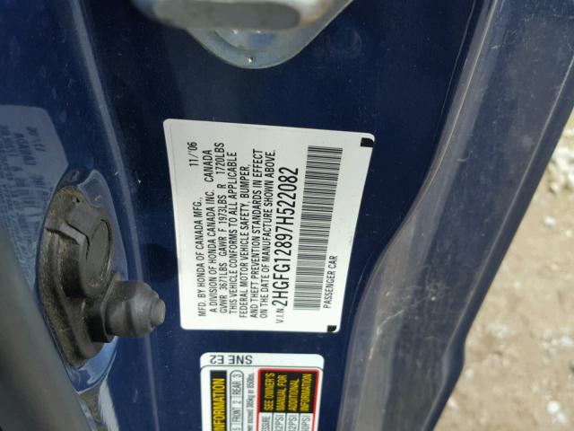 2HGFG12897H522082 - 2007 HONDA CIVIC EX ლურჯი ფოტო 10