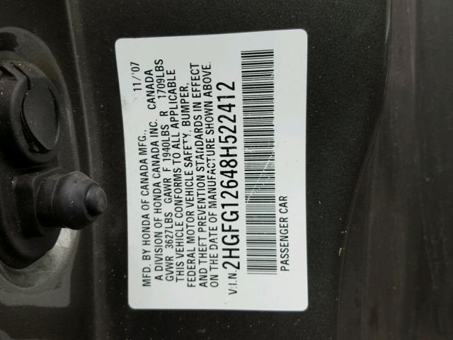 2HGFG12648H522412 - 2008 HONDA CIVIC LX CHARCOAL photo 10