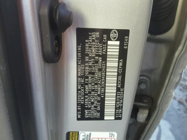 4T1BE32K94U834031 - 2004 TOYOTA CAMRY LE SILVER photo 10