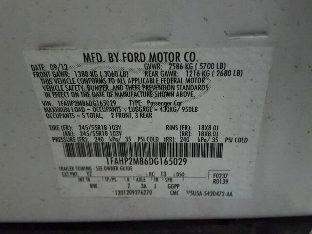 1FAHP2M86DG165029 - 2013 FORD TAURUS POL WHITE photo 10