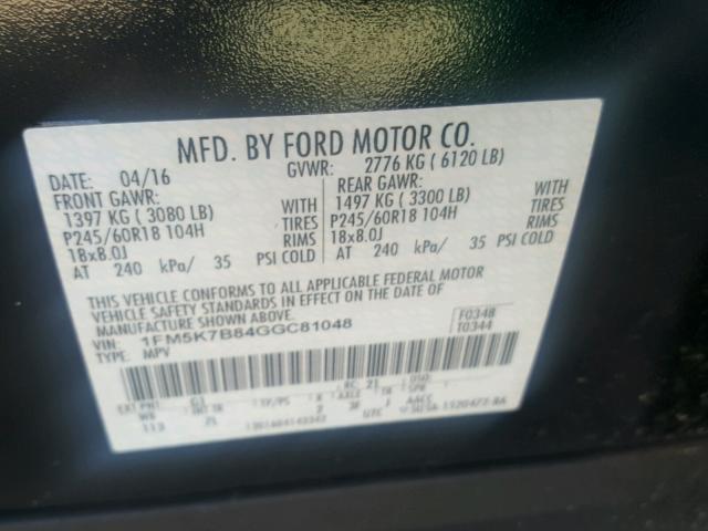 1FM5K7B84GGC81048 - 2016 FORD EXPLORER BLACK photo 10