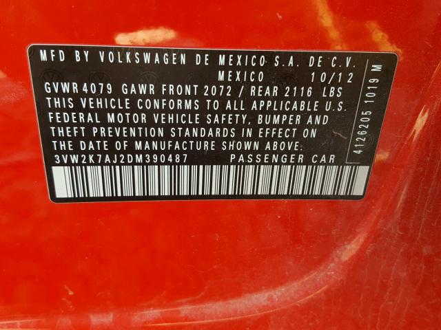 3VW2K7AJ2DM390487 - 2013 VOLKSWAGEN JETTA BASE RED photo 10