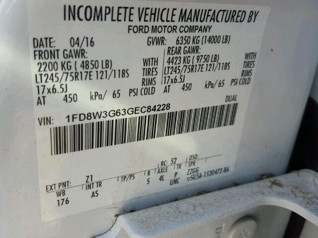 1FD8W3G63GEC84228 - 2016 FORD F350 SUPER WHITE photo 10