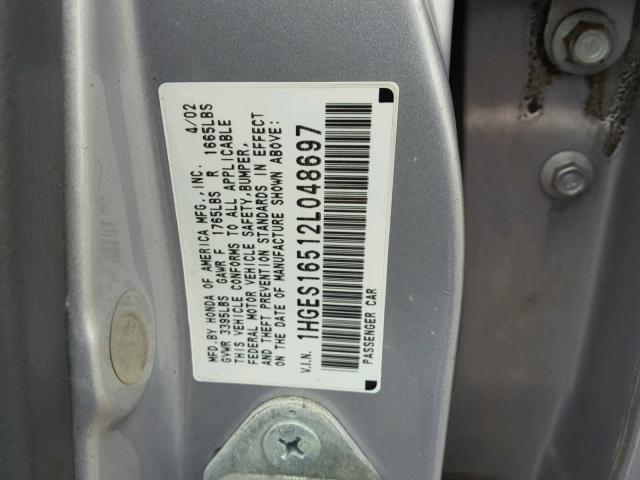 1HGES16512L048697 - 2002 HONDA CIVIC LX SILVER photo 10