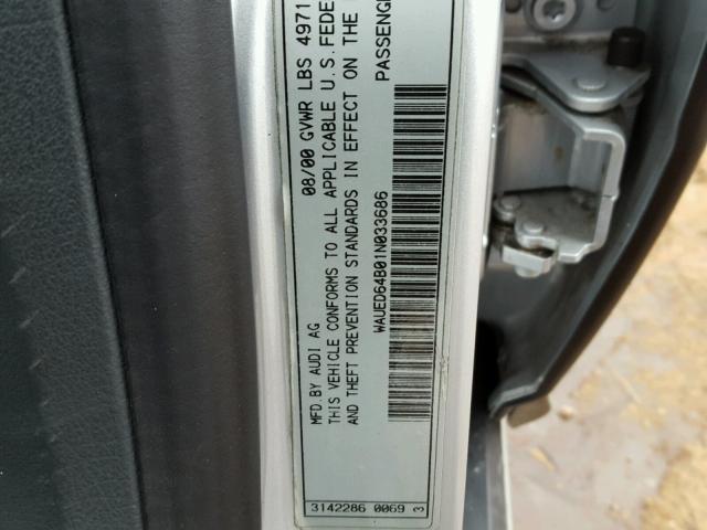 WAUED64B01N033686 - 2001 AUDI A6 2.7T QU SILVER photo 10