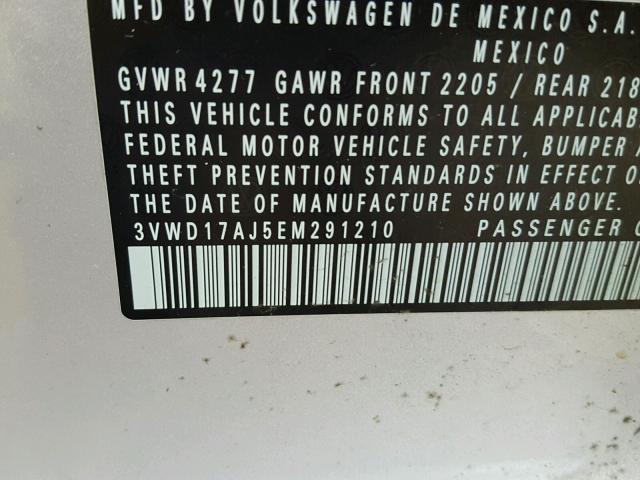 3VWD17AJ5EM291210 - 2014 VOLKSWAGEN JETTA SE SILVER photo 10