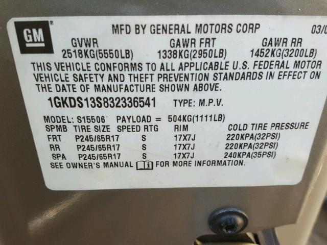 1GKDS13S832336541 - 2003 GMC ENVOY GRAY photo 10