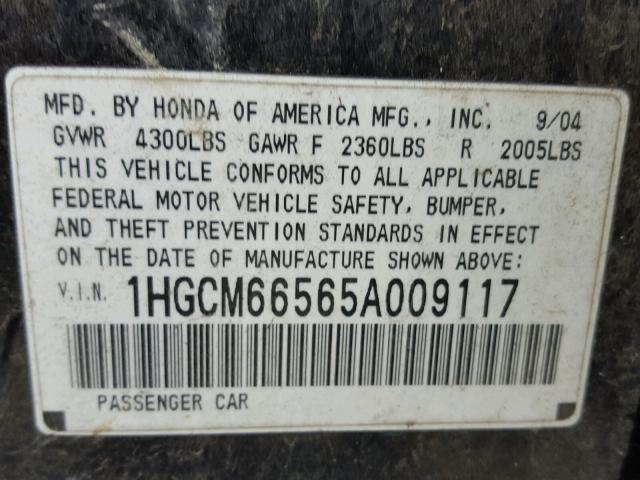 1HGCM66565A009117 - 2005 HONDA ACCORD EX BLACK photo 10