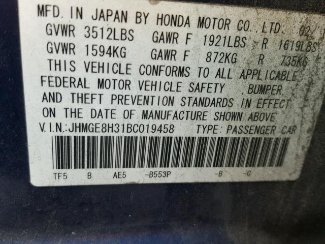 JHMGE8H31BC019458 - 2011 HONDA FIT BLUE photo 10