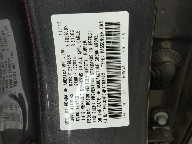 1HGCR2F34HA103302 - 2017 HONDA ACCORD LX CHARCOAL photo 10