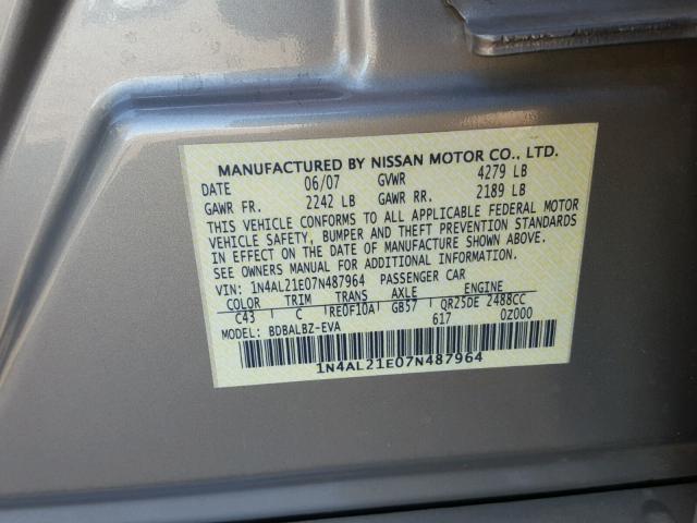 1N4AL21E07N487964 - 2007 NISSAN ALTIMA 2.5 GOLD photo 10