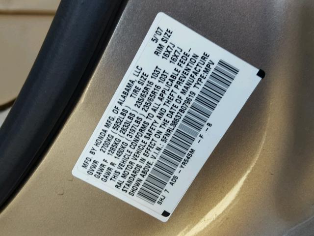 5FNRL38637B079619 - 2007 HONDA ODYSSEY EX GOLD photo 10