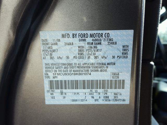 1FMCU93G19KB01074 - 2009 FORD ESCAPE XLT GRAY photo 10