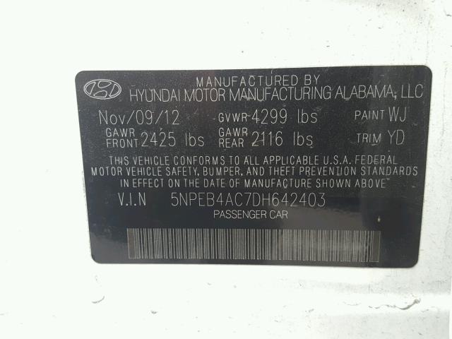 5NPEB4AC7DH642403 - 2013 HYUNDAI SONATA GLS WHITE photo 10