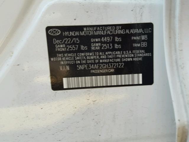 5NPE34AF2GH372122 - 2016 HYUNDAI SONATA SPO WHITE photo 10