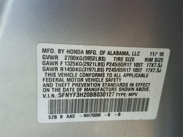 5FNYF3H20BB030127 - 2011 HONDA PILOT LX SILVER photo 10