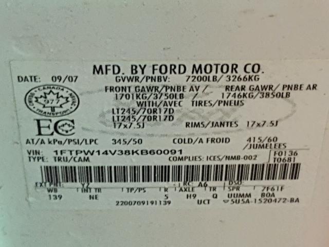 1FTPW14V38KB60091 - 2008 FORD F150 SUPER WHITE photo 10