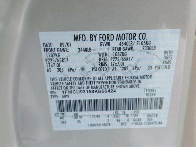 1FMCU93158KB66424 - 2008 FORD ESCAPE XLT CREAM photo 10