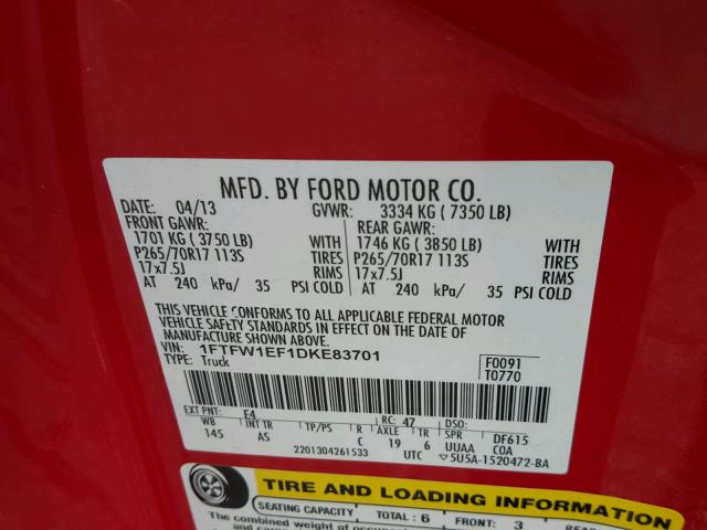 1FTFW1EF1DKE83701 - 2013 FORD F150 SUPER RED photo 10