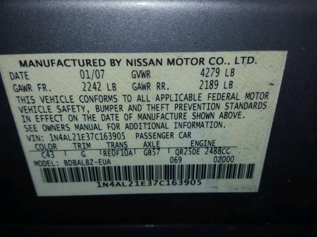 1N4AL21E37C163905 - 2007 NISSAN ALTIMA 2.5 TAN photo 10