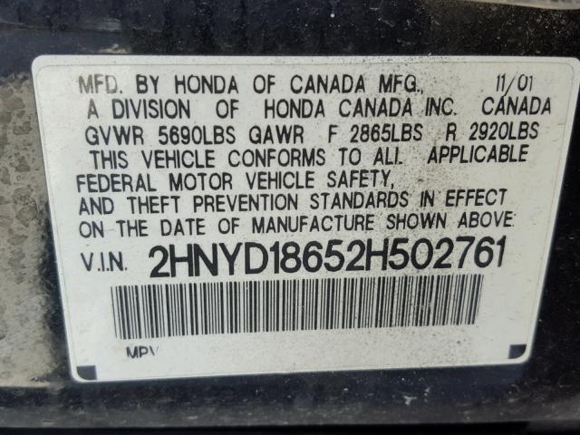 2HNYD18652H502761 - 2002 ACURA MDX TOURIN BLACK photo 10