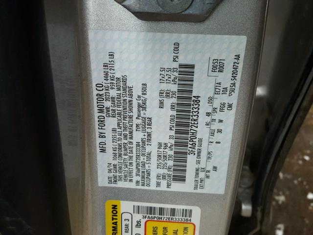 3FA6P0H72ER333384 - 2014 FORD FUSION SE SILVER photo 10