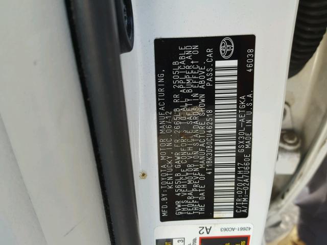 4T1BK3DB0CU462518 - 2012 TOYOTA AVALON BAS WHITE photo 10