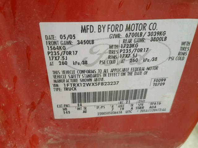 1FTRX12WX5FB23237 - 2005 FORD F150 RED photo 10