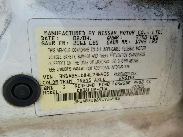 3N1AB51D84L736435 - 2004 NISSAN SENTRA SE- WHITE photo 10