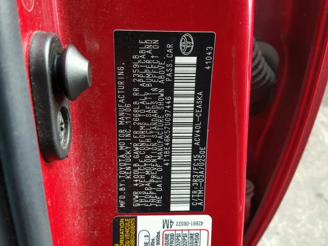 4T1BE46K57U097446 - 2007 TOYOTA CAMRY NEW RED photo 10