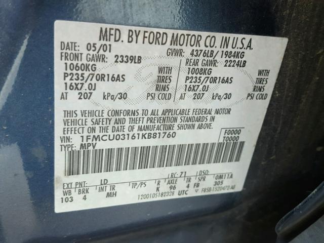 1FMCU03161KB81760 - 2001 FORD ESCAPE XLT BLUE photo 10