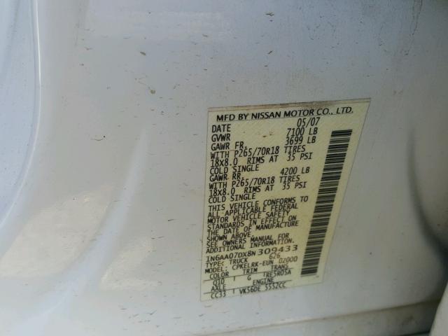 1N6AA07DX8N309433 - 2008 NISSAN TITAN XE WHITE photo 10