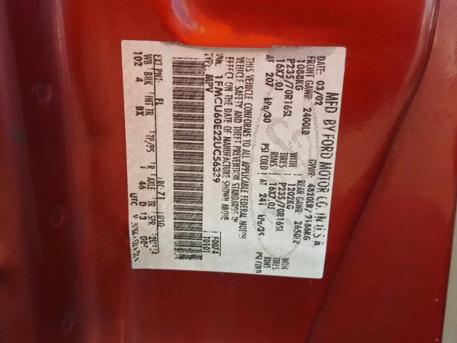 1FMCU60E22UC56339 - 2002 FORD EXPLORER S RED photo 10