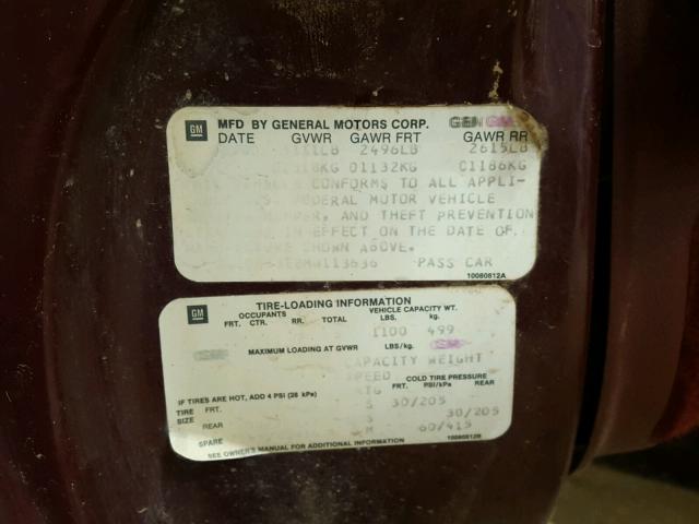 1G1BN53E2MW113636 - 1991 CHEVROLET CAPRICE CL ბურგუნდია ფოტო 10