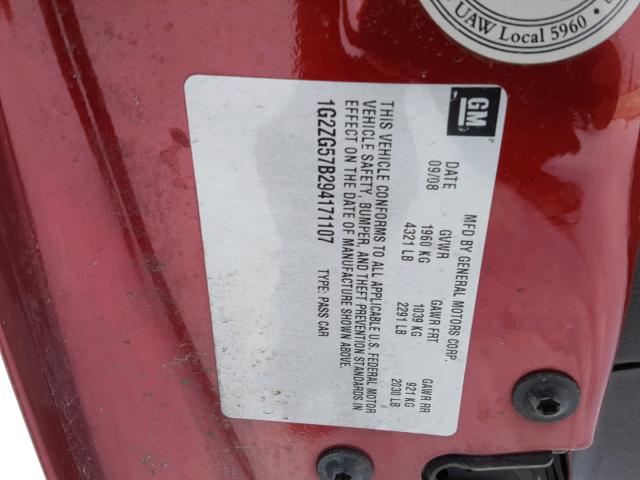 1G2ZG57B294171107 - 2009 PONTIAC G6 RED photo 10