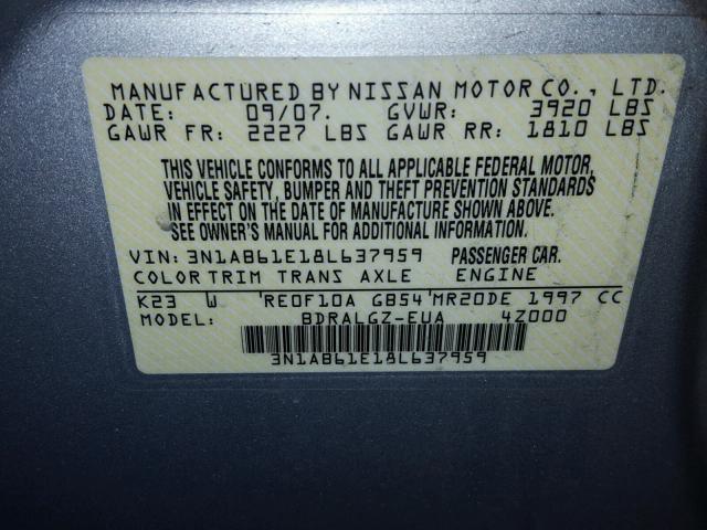 3N1AB61E18L637959 - 2008 NISSAN SENTRA 2.0 SILVER photo 10