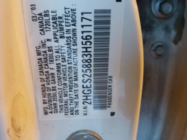 2HGES25883H561171 - 2003 HONDA CIVIC EX WHITE photo 10