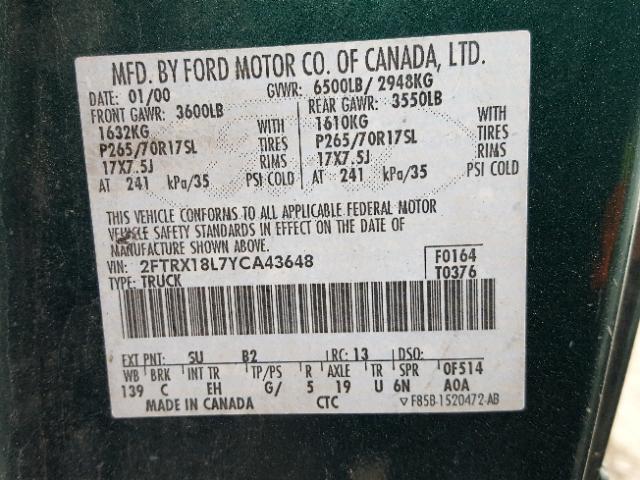 2FTRX18L7YCA43648 - 2000 FORD F150 GREEN photo 10