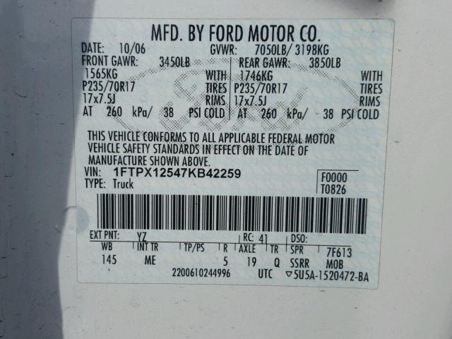 1FTPX12547KB42259 - 2007 FORD F150 WHITE photo 10