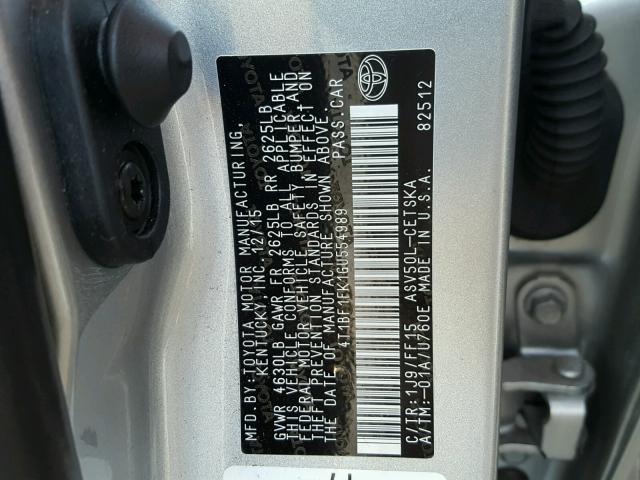 4T1BF1FK1GU554989 - 2016 TOYOTA CAMRY LE SILVER photo 10