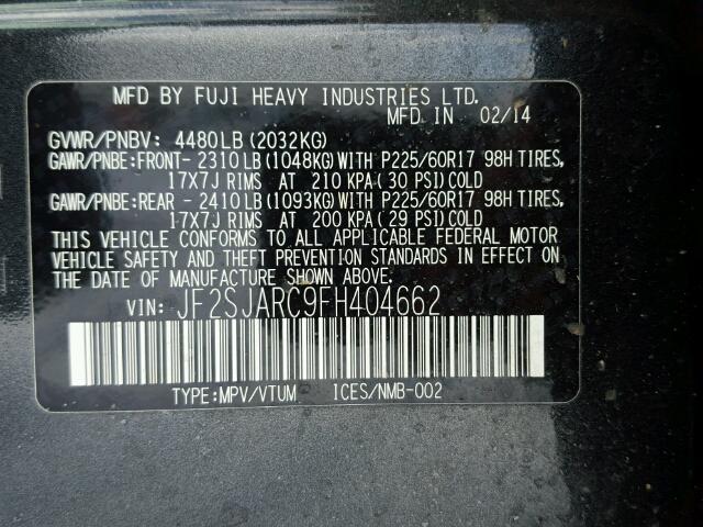 JF2SJARC9FH404662 - 2015 SUBARU FORESTER 2 CHARCOAL photo 10