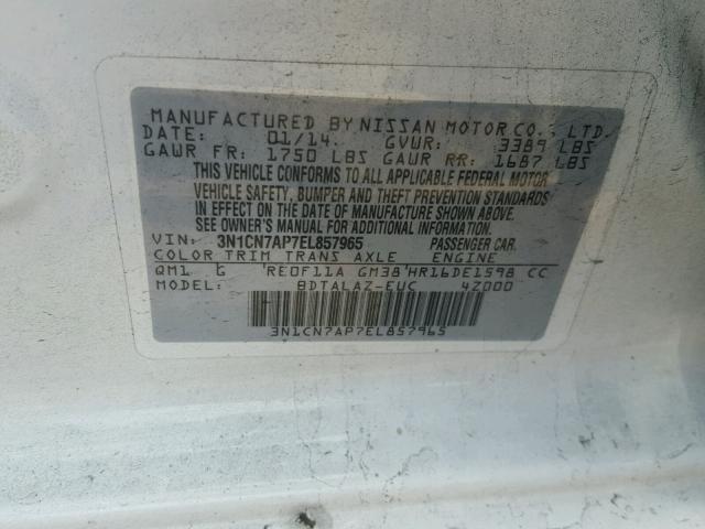 3N1CN7AP7EL857965 - 2014 NISSAN VERSA S WHITE photo 10