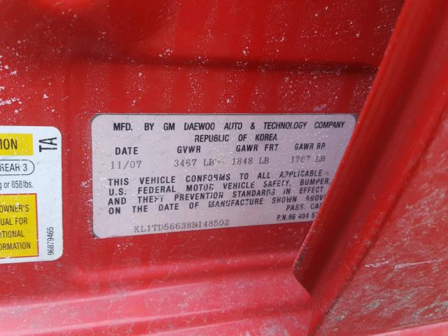 KL1TD56638B148502 - 2008 CHEVROLET AVEO BASE RED photo 10