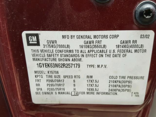 1GYEK63N62R257179 - 2002 CADILLAC ESCALADE L RED photo 10