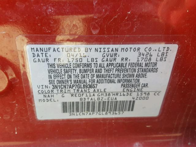 3N1CN7AP7GL893657 - 2016 NISSAN VERSA S RED photo 10