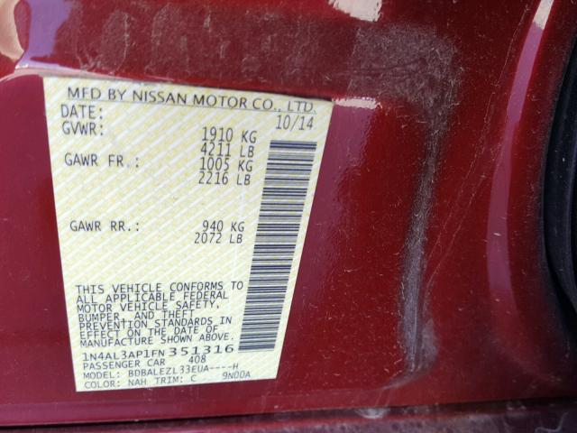 1N4AL3AP1FN351316 - 2015 NISSAN ALTIMA 2.5 RED photo 10