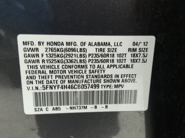 5FNYF4H46CB057499 - 2012 HONDA PILOT EX CHARCOAL photo 10