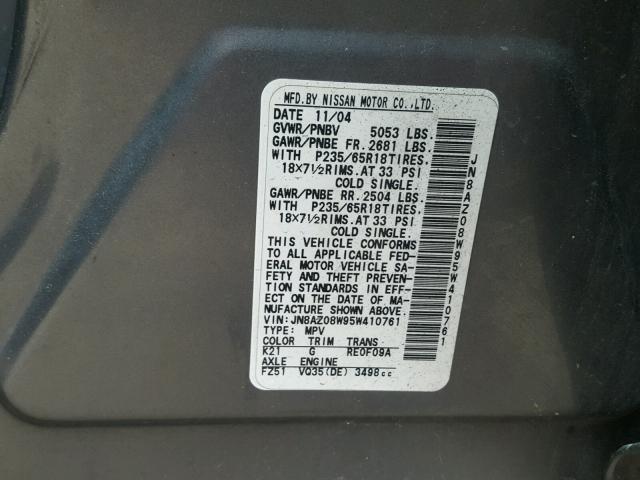 JN8AZ08W95W410761 - 2005 NISSAN MURANO SL GRAY photo 10